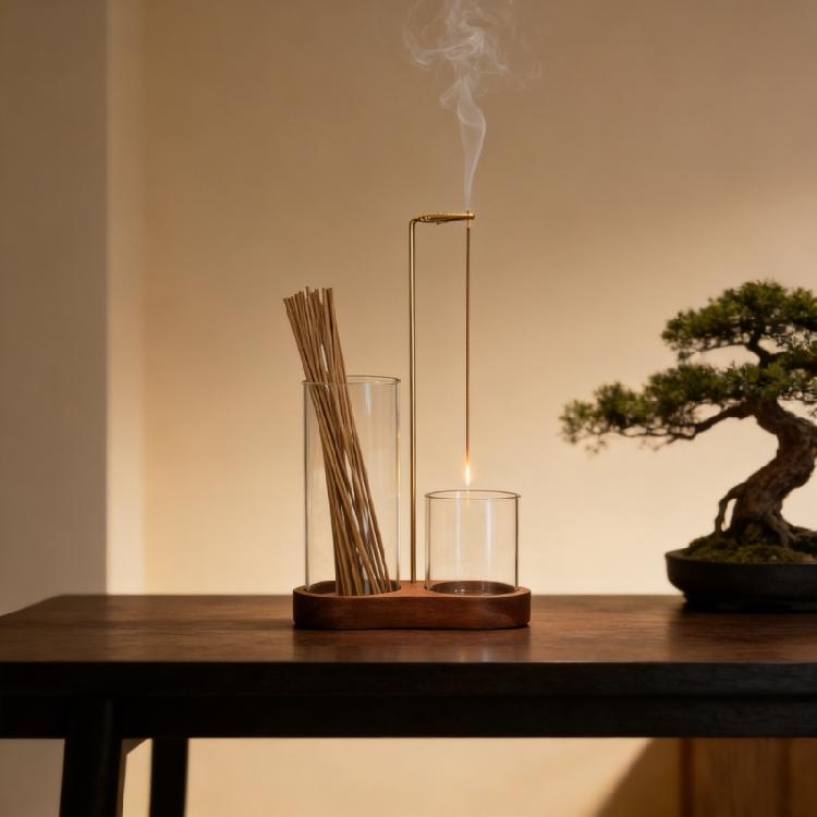 2 In 1 Incenses Stick Holder Resist Ashes Flying Insences Stick Burners Stand with Glass Cup Wooden Base For Meditations
