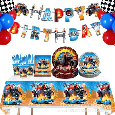 Bigfoot Themenparty Monstertruck Flagge Tischdecke Pappteller Hängende Drehdekoration Kindergeburtstagsdekorationszubehör