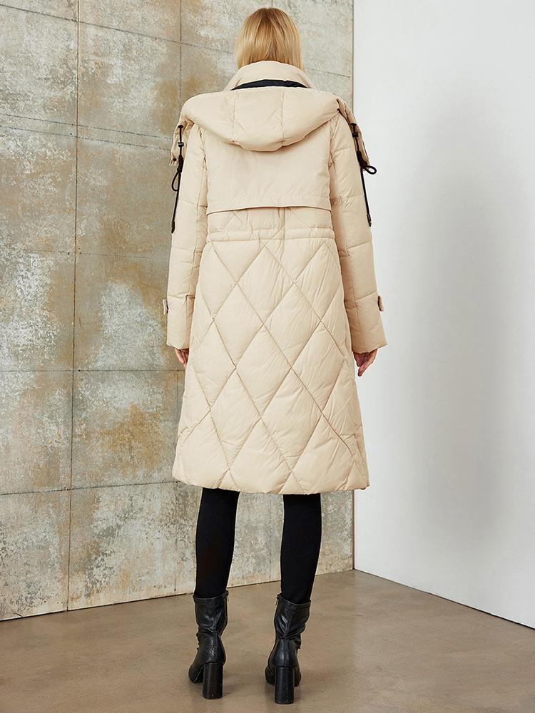 PINK CHIC 2025 New Winter Coat Women Down Jackets High Quality Rhombic Warm Lace up Hooded Long version Female Parka W6553