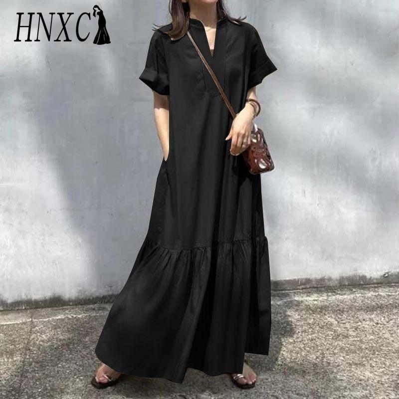 HNXC S-5XL Summer Casual Solid Color Women Long Dress V Neck Short Sleeve