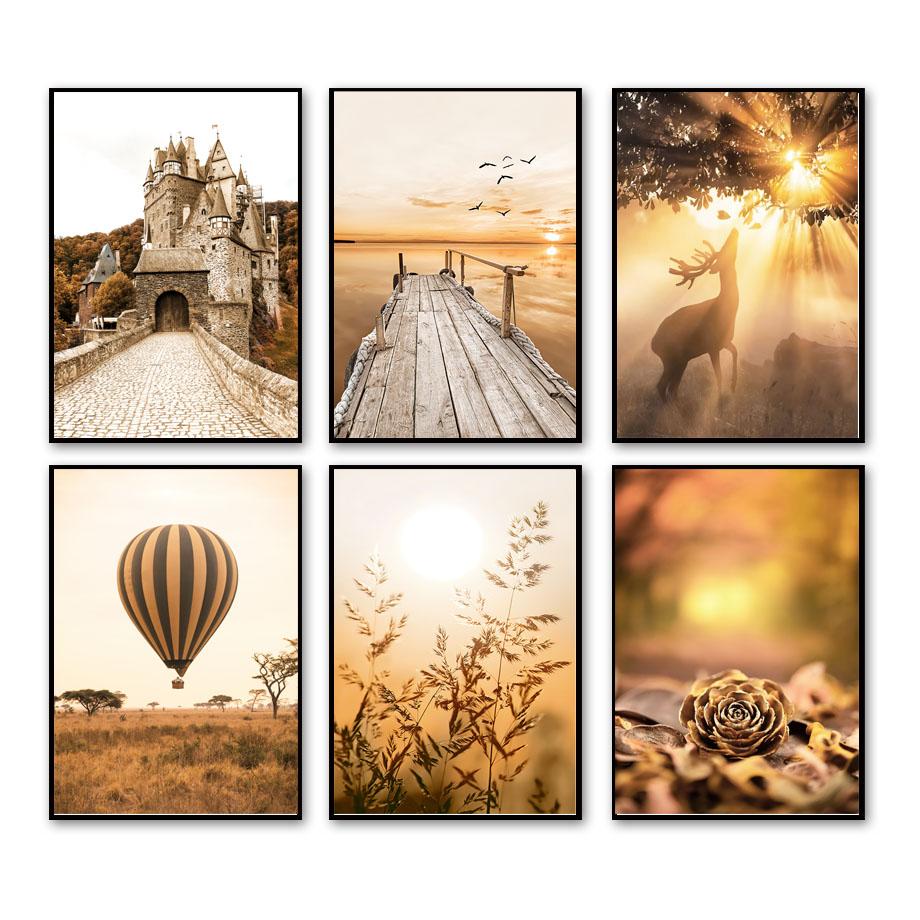 Autumn Deer Castle Fallen Leave Poster Pier Plant Forest Print Wall Art Pictures Canvas Painting For Living Room Home Decor
