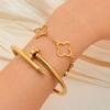 Gold Stainless Steel Bracelet Set with Nail and Clover Design - European and American Style Bangles