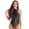 Womens Sleeveless Mock Neck Bodysuit Back Zipper Closure Glossy Leotard Swimwear Stretchy Dance Performance Outfit