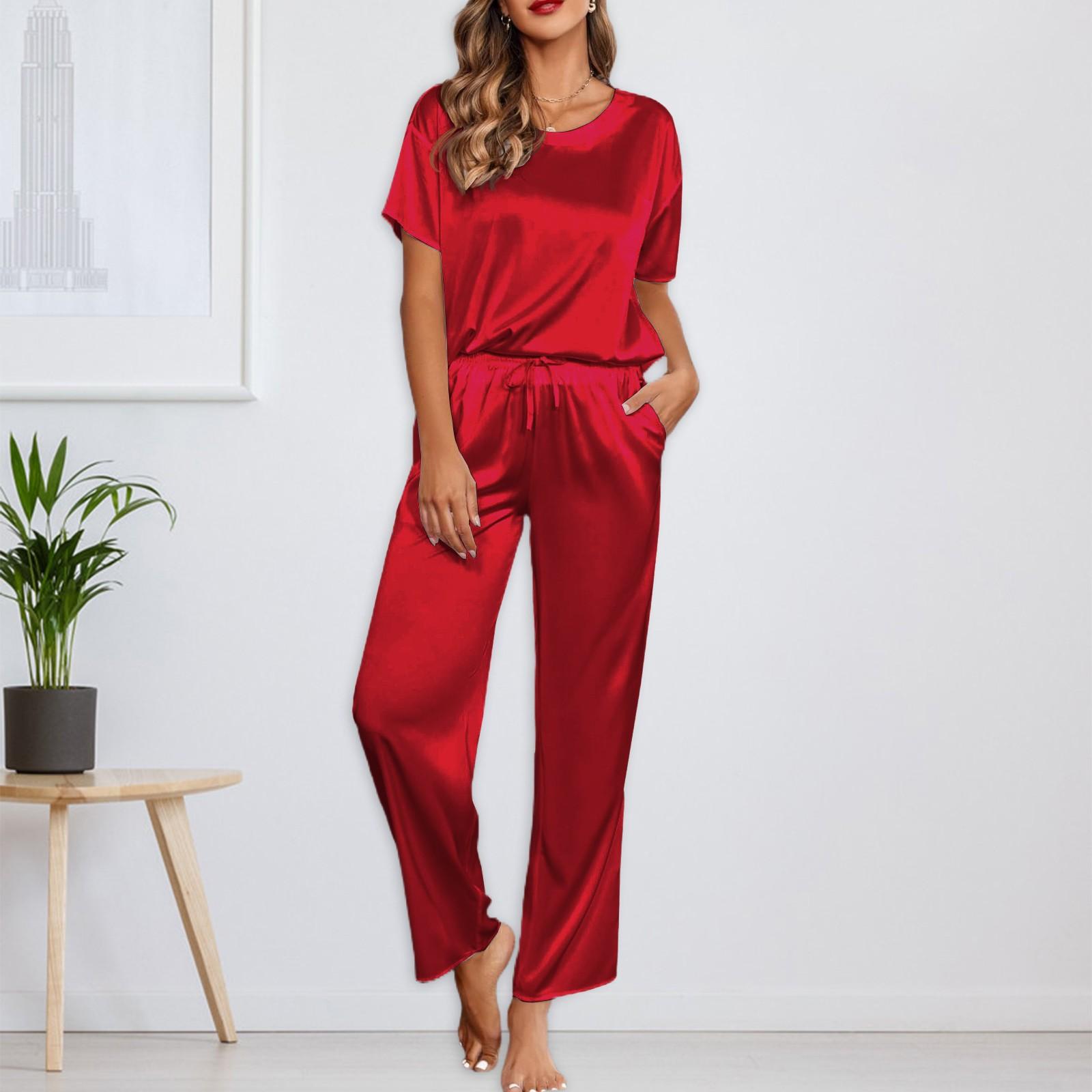 

Женский шелковый однотонный пижамный комплект, рубашка с коротким рукавом и длинные пижамные штаны, мягкая пижама, домашняя одежда M