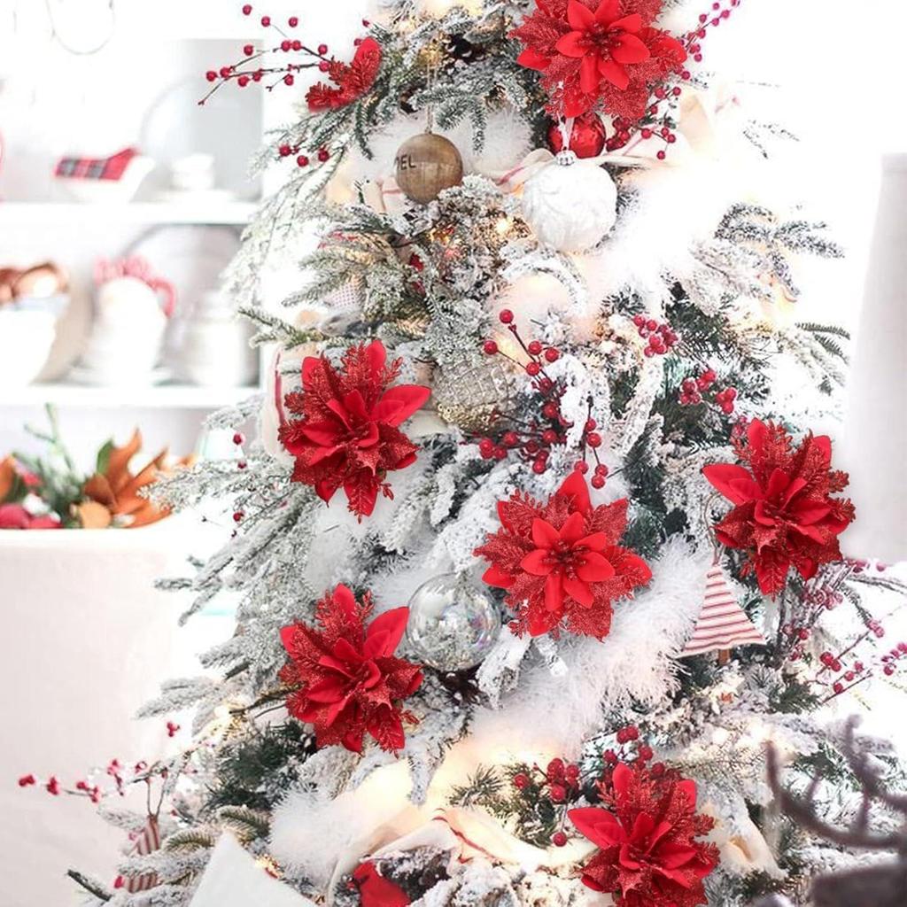 24Pcs Red Christmas Poinsettias Flowers Decoration Artificial Flowers for Christmas Tree Ornaments Suitable for Home Christmas Decorations