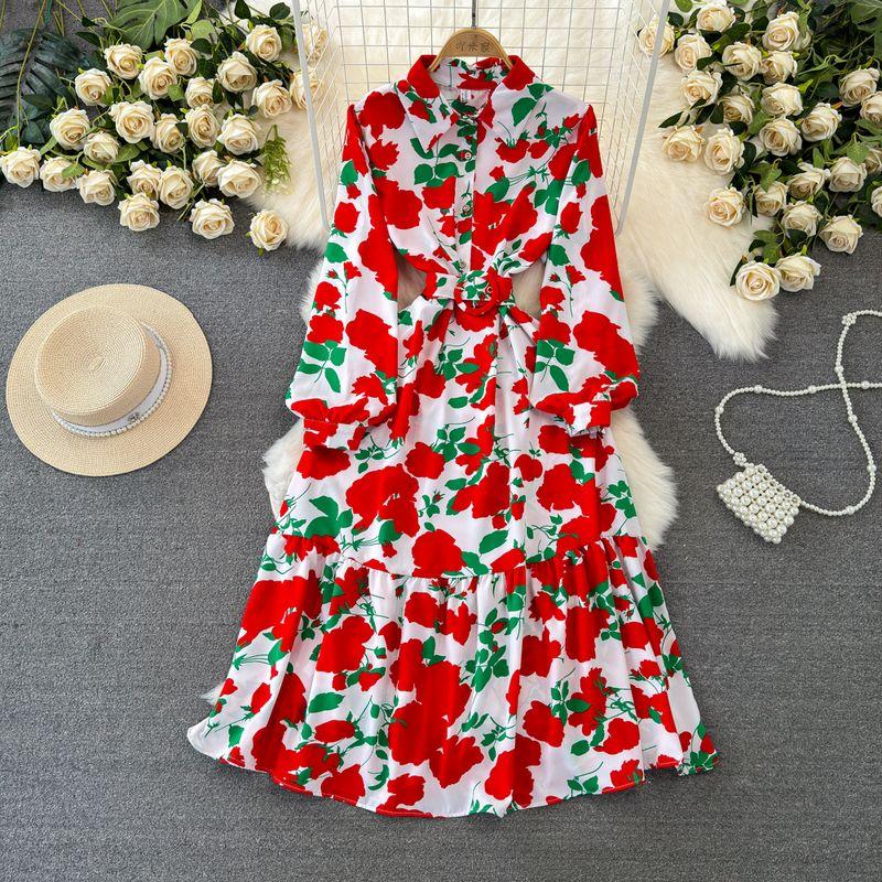 

Spring and Autumn Long Sleeves Elegance Wide Hem Printed Dress White with Red Flowers All yards