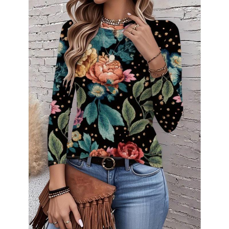 2026 New Women's Fashionable Long-Sleeved T-Shirt with Retro Floral Pattern, Perfect for Everyday Wear and Stylish Outfits