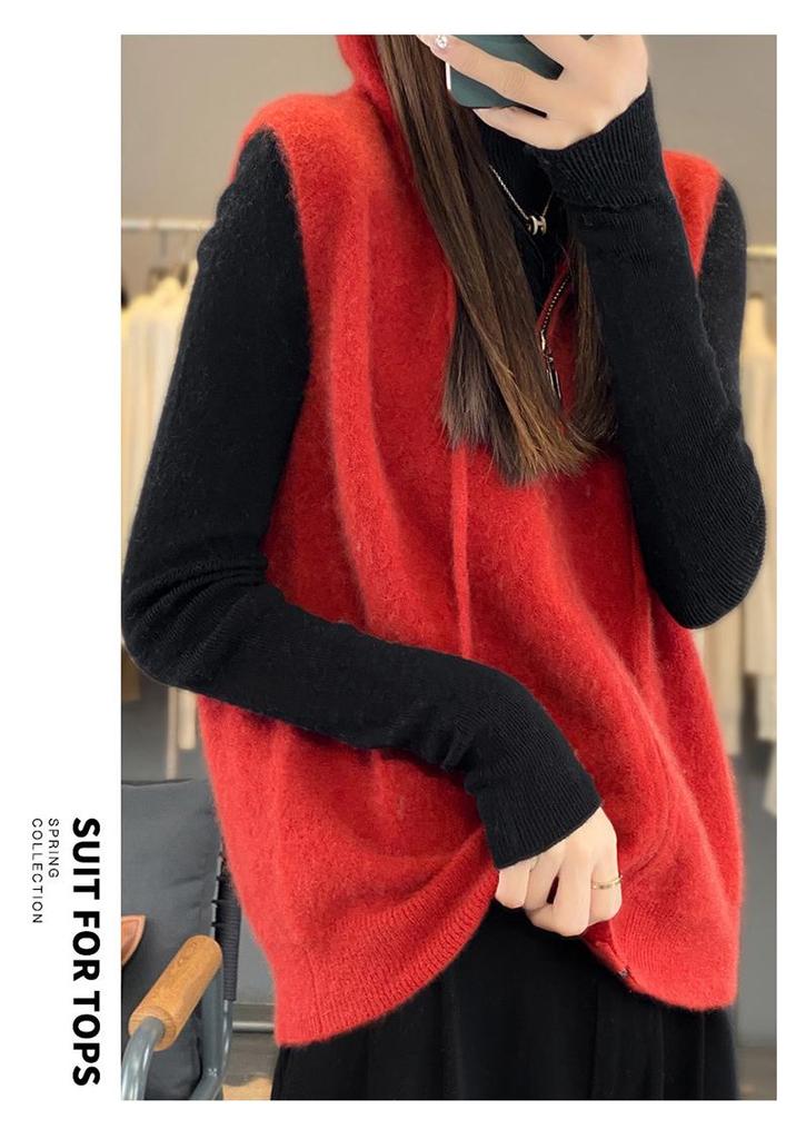 2025 A/W Hooded Wool Knit Vest - Zippered Sleeveless Sweater Coat