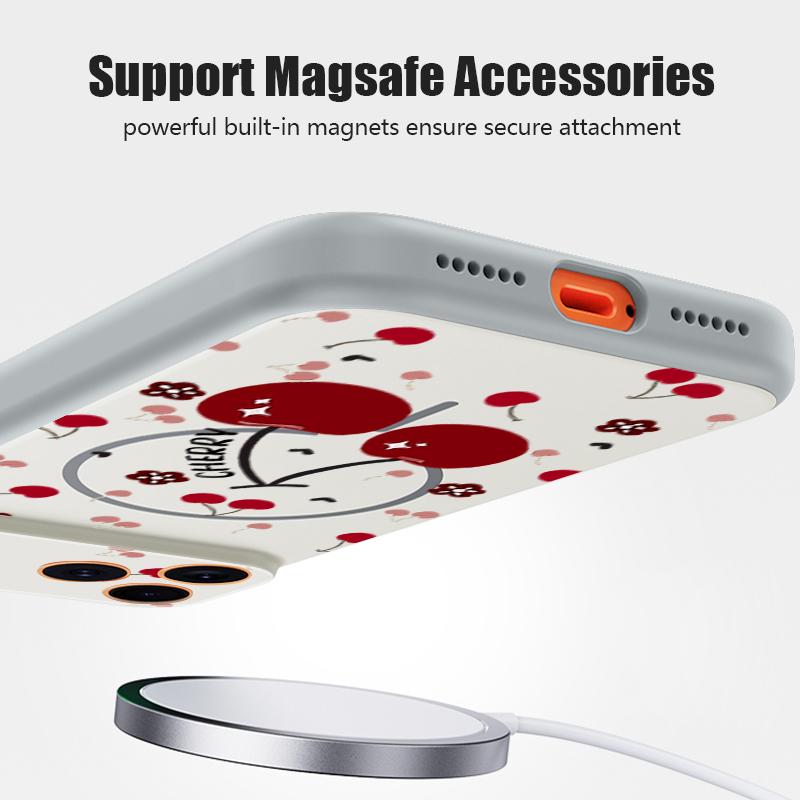 Cartoon Cherry Print Magnetic Phone Case For iPhone 17 Pro Max 16 15 14 13 Pro Max For Magsafe Wireless Charge TPU PC Back Cover
