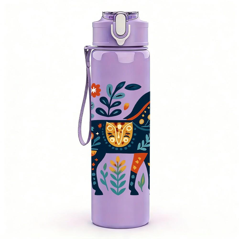 1PC Folk Decorated Blue Horse 750ml Color Plastic Sports Water Bottle Leakproof Flip Straw Lid Suitable for Sports Office Home Use