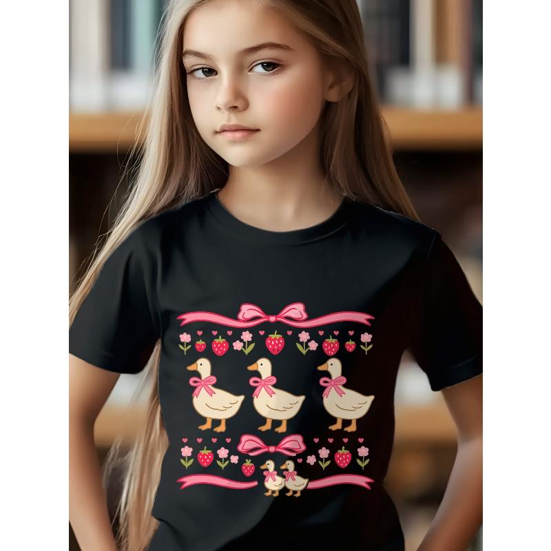 European sizes Girls' Cute Duck & Strawberry Print T-Shirt - Soft Breathable Round Neck Tee with Pink Bow Design