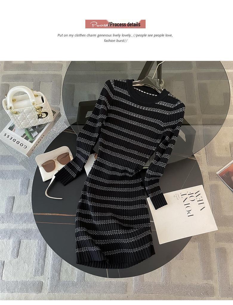 Spring Elegant Striped Knit Dress - Black