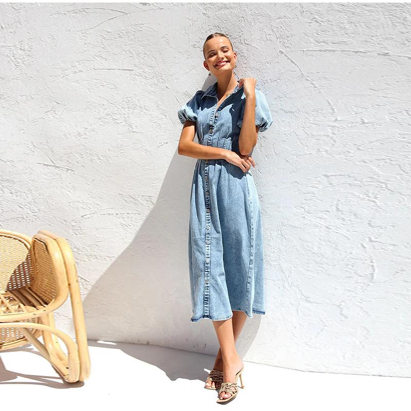 2025 Spring and Summer Puff Sleeve Short-sleeved Distressed Casual Style Shirt Denim Long Dress Single-breasted Waist Denim Long Skirt Retro