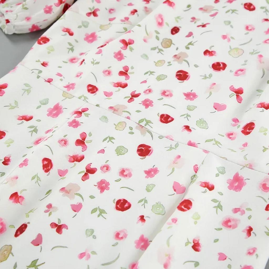 LYRIA Printed Floral Long Dress for Women Slim High Waist Puff Short Sleeve Dress Fashion Commuting Dress Fmale