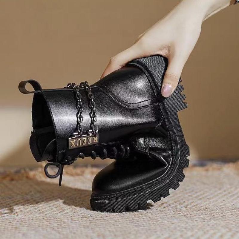 Chain Thick -Soled Ankle Boots Single Boots Winter Fleece Thick -Soled Tight Boots Lace -Up Low -Top Women Shoes New British Style