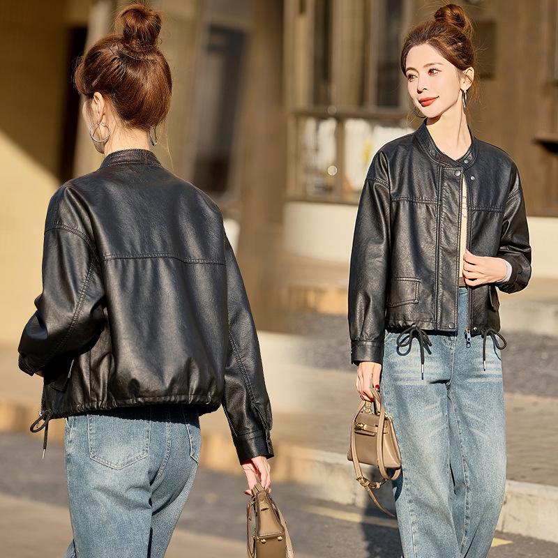 

Женская повседневная куртка из искусственной кожи с воротником-стойкой, весна/осень 2025 XL (60-65 kg) чёрный