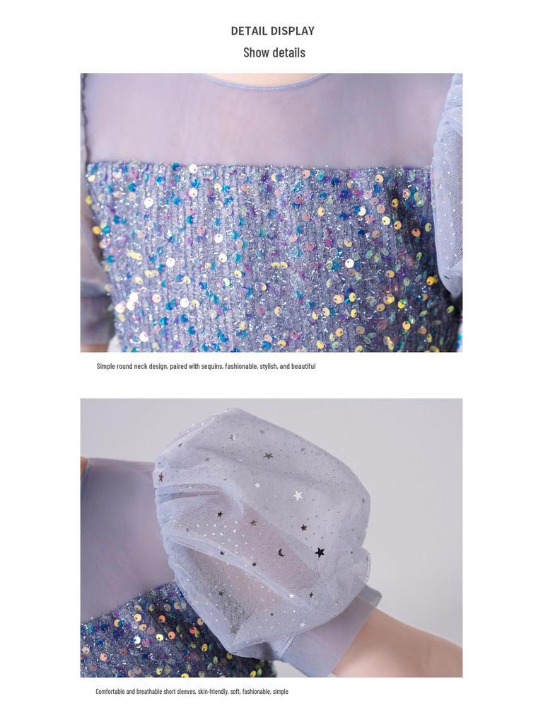 Girls' Sequin Puff Sleeve Princess Dress - Long Mesh Flower Girl Wedding Summer Formal Attire