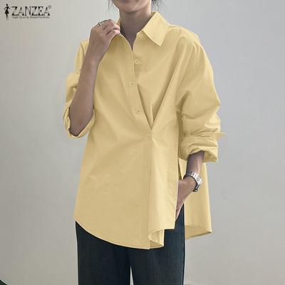 Women Casual Turn Down Collar Solid Color Loose Long Sleeve Blouse