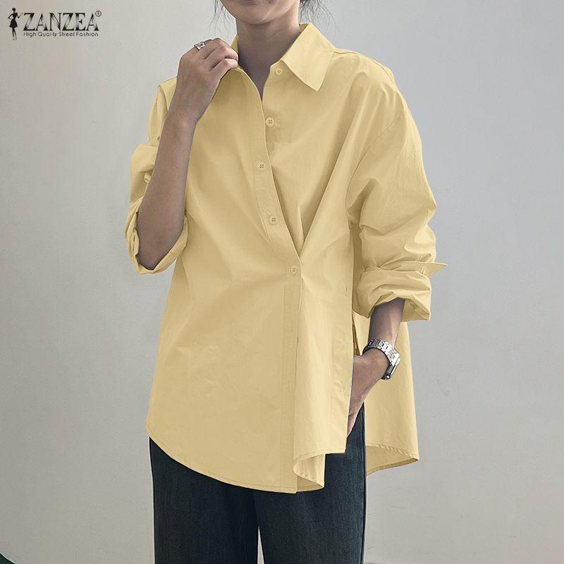 ZANZEA Women Casual Turn Down Collar Solid Color Loose Long Sleeve Blouse