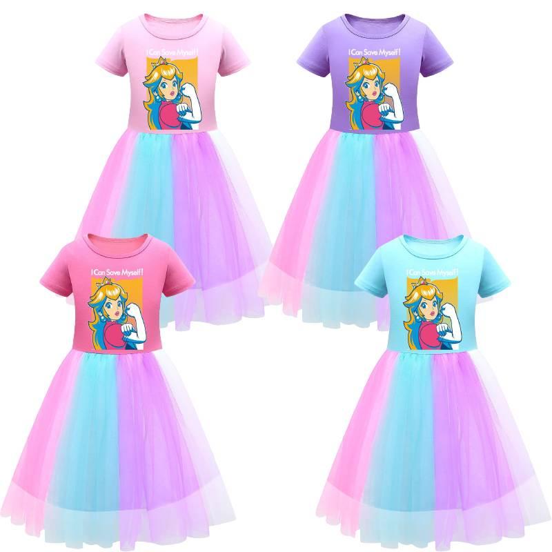 Sukienka dla dziewczynki Super Mario Princess Peach z tęczową koronką w kolorze fioletowym, czerwonym i różowym