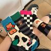 4 Pairs Checkerboard Socks Fall/Winter Mid-Calf Socks for Women Grumpy Bear Series Cartoon Cute Trendy Socks Black & White