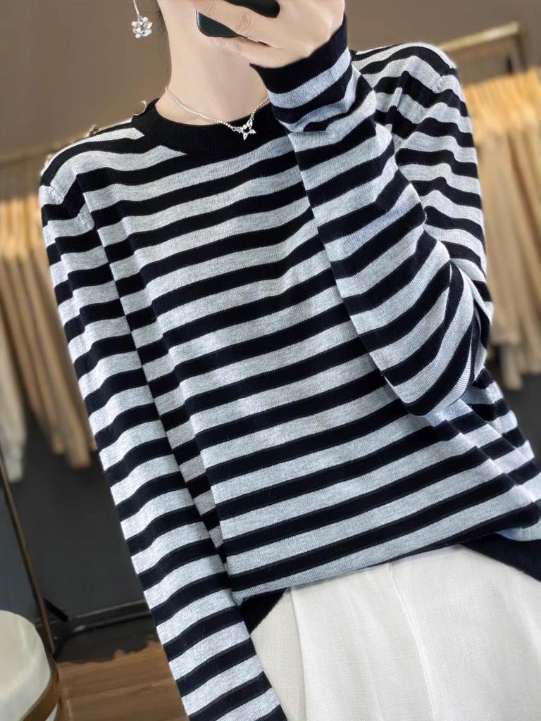 Women's Spring Wool Color Block Striped Long Sleeve Knit Top - Round Neck Loose Pullover Sweater