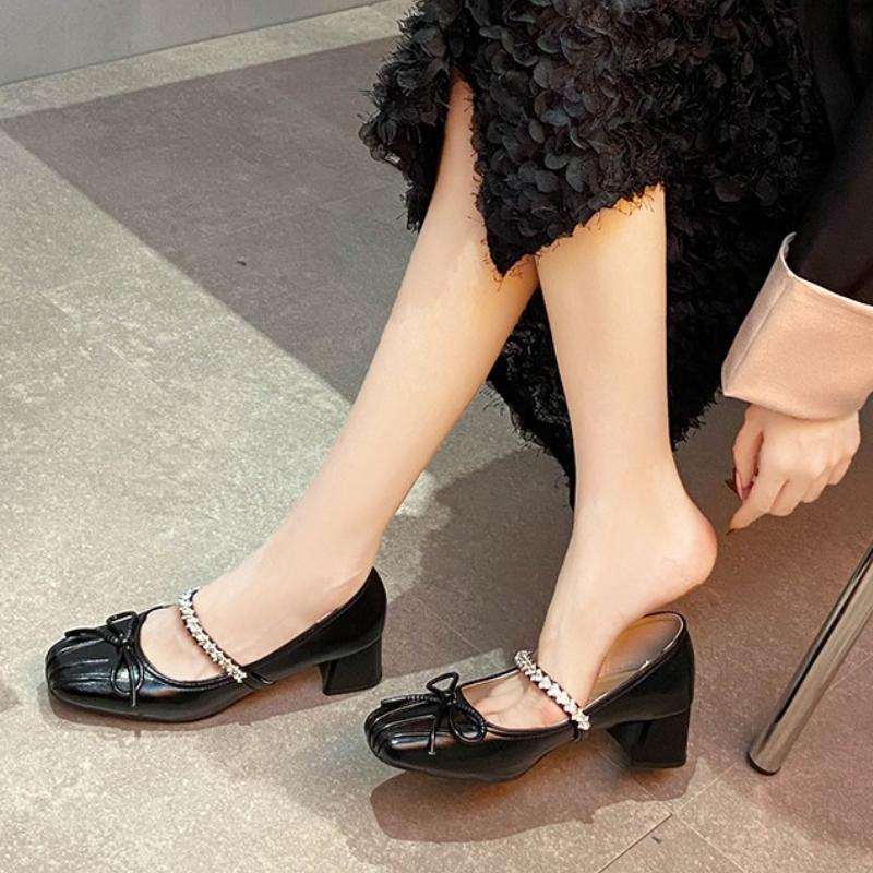 Fashion 2025 New Heel Women's Ivory  Leather Square Toe Mid Block Heel Mary Jane Strap Shoes  Bow Knot Buckle Casual Retro Fashion