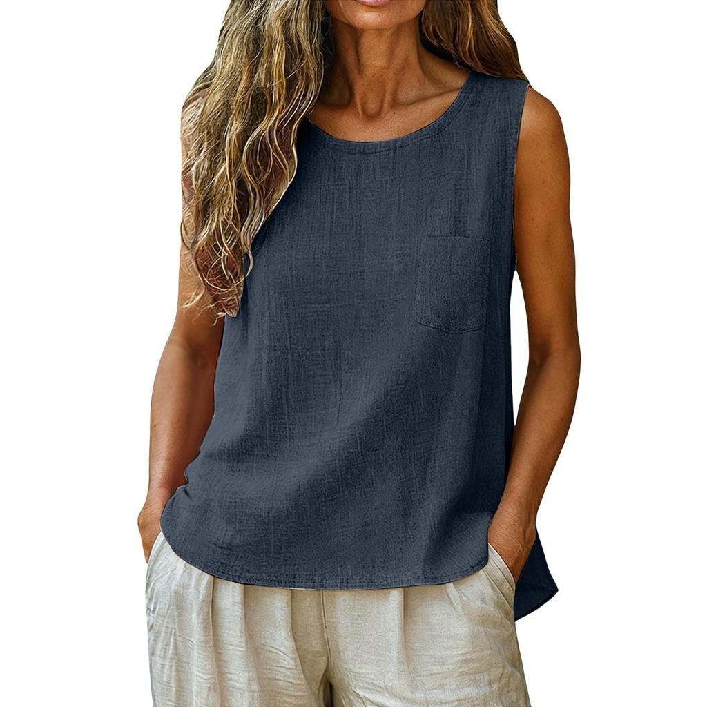Women's Fashionable Casual Round-Neck Sleeveless Top: Plain-Coloured Cotton-Linen T-Shirt With Pockets