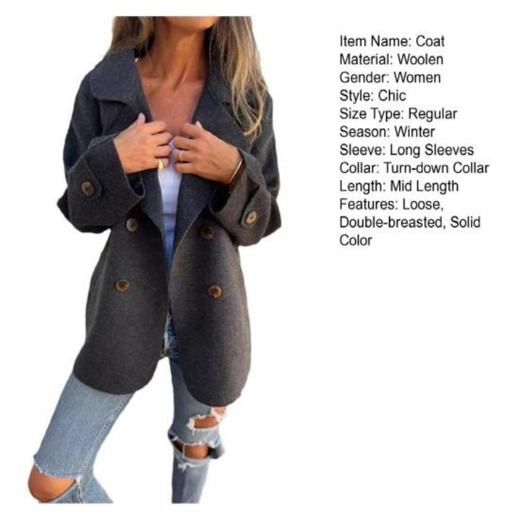 Winter Women Double Breasted Woolen Overcoat Solid Color Coat Loose Fit Thermal Long Sleeve Turn Down Collar Dating Commuting Outerwear