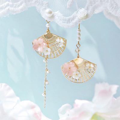 New Fashion Folding Fan Crane Flower Asymmetric Earrings for Women Temperament Long Tassel Dangle Earrings Party Jewelry Gift