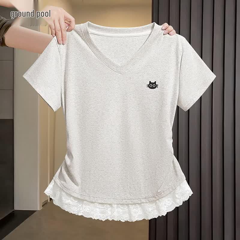 Women s Sweet Style Lace Trim V-Neck T-Shirt L