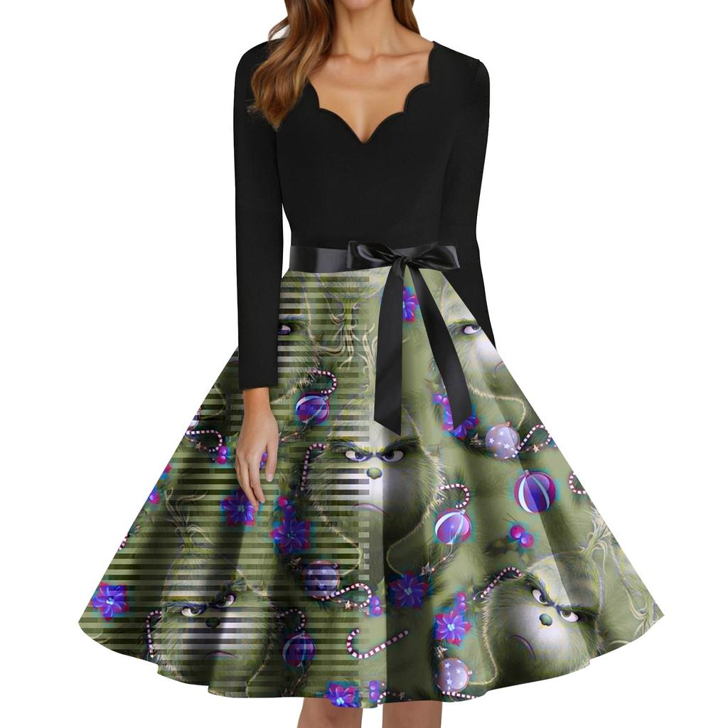 Women's Fashion V-neck Casual Slim-fit Christmas Print Long-sleeved Dress