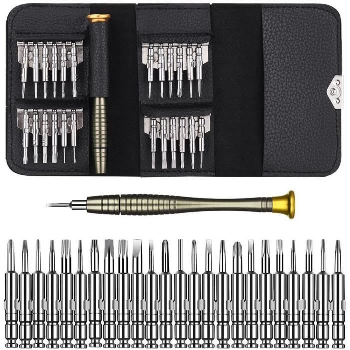 Tournevis Précision Mini 25 en 1 Kit de Tournevis Outils de Réparation pour ipad,Portable Laptop,Tournevis Set avec étui en Cuir