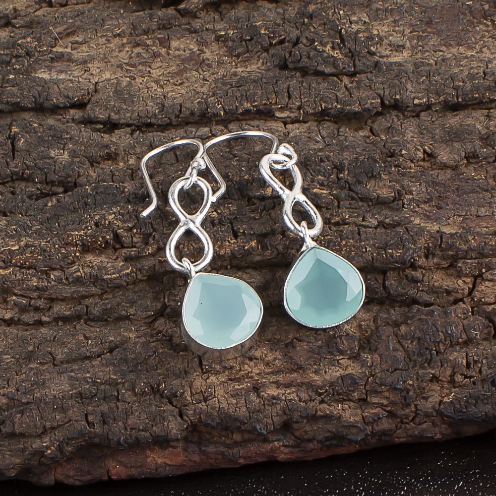 Aqua Chalcedony Gemstone 925 Sterling Silver Handmade Teardrop Earrings 1.60" , For Valentine's Day Gift EE-15-15