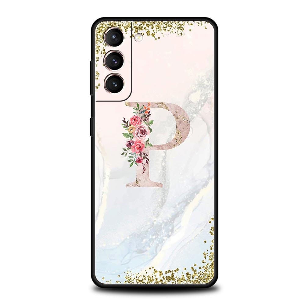 Flowers Letter Phone Case For Samsung Galaxy S26 Ultra S25 Plus S24 FE S23 S22 5G S21 S20 Cover Black Soft