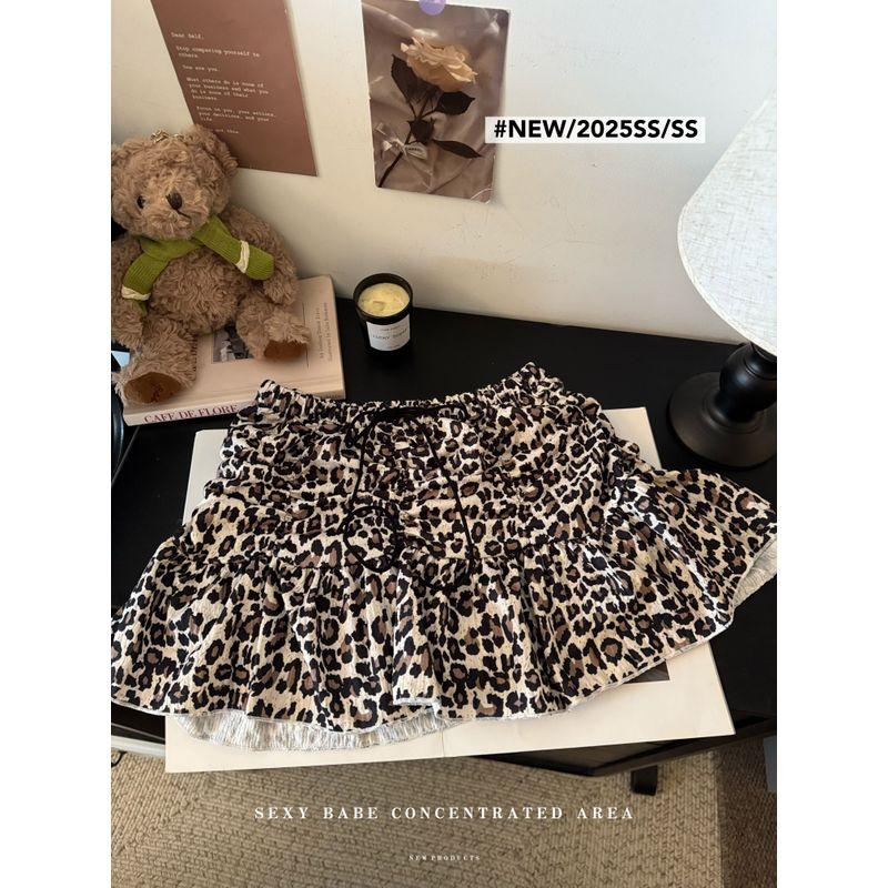 Kumikumi Design Lace-up Leopard Print Frill Skirt Women's Autumn Chic Age-Reducing Loose Slimming Short dress