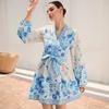 Women Floral Print V Neck Mini Dress Long Sleeve With Waist Tie And Border Print