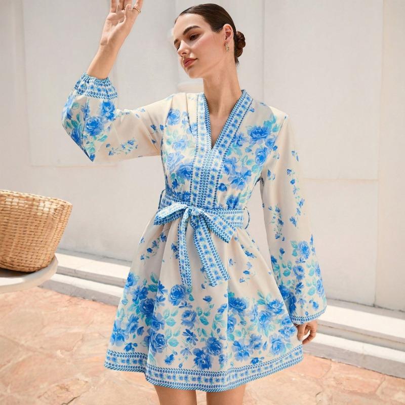 Women Floral Print V Neck Mini Dress Long Sleeve With Waist Tie And Border Print
