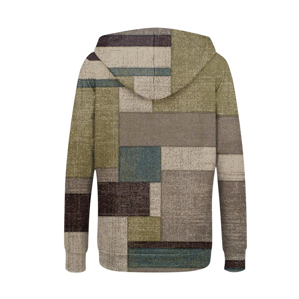 Damen Langarm Sweatshirt mit geometrischem Patchwork-Print und Tasche und Reißverschluss, Kapuzenjacke