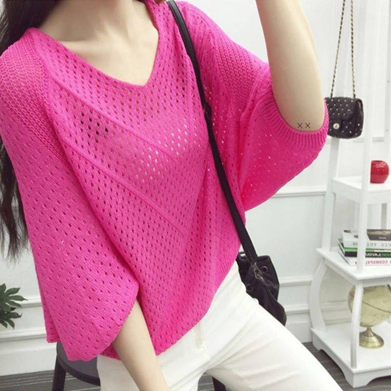 Spring Top Women's Loose Nail Beaded Mid Sleeve Sweater Base Shirt Spring/Summer Thin Hollow Knitted Sweater