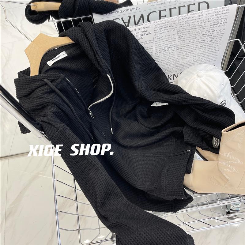 Women's Waffle Knit Hooded Zipper Cardigan - New Loose Slim Design for Autumn/Winter