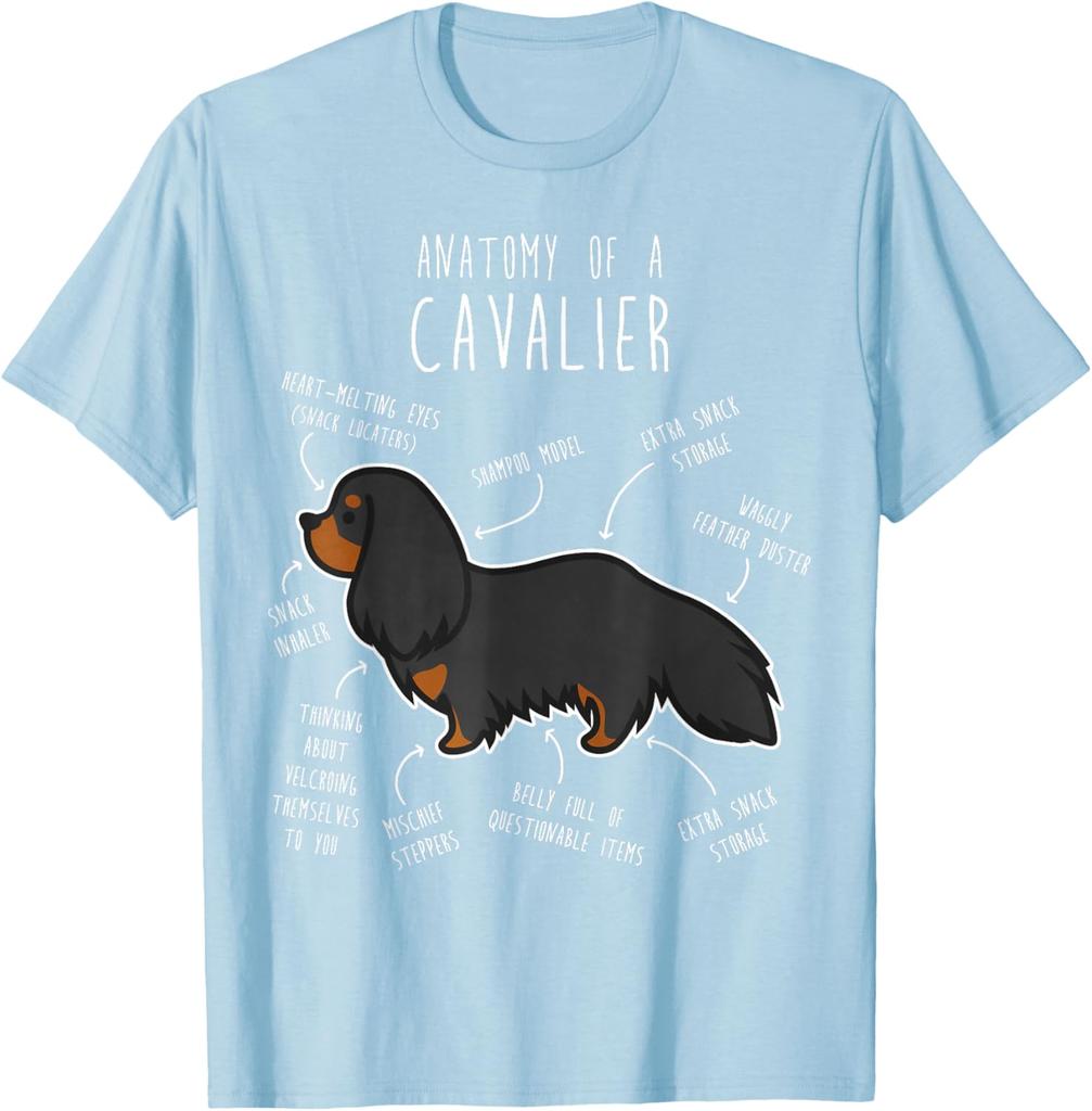 Anatomy of a Cavalier Funny Dog Breed Illustration Graphic Tee Soft Cotton Casual T-Shirt for Men Women