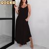 Vestidos Casuais de Verão e Primavera com Estampa de Cor Sólida Sem Mangas e Decote em V