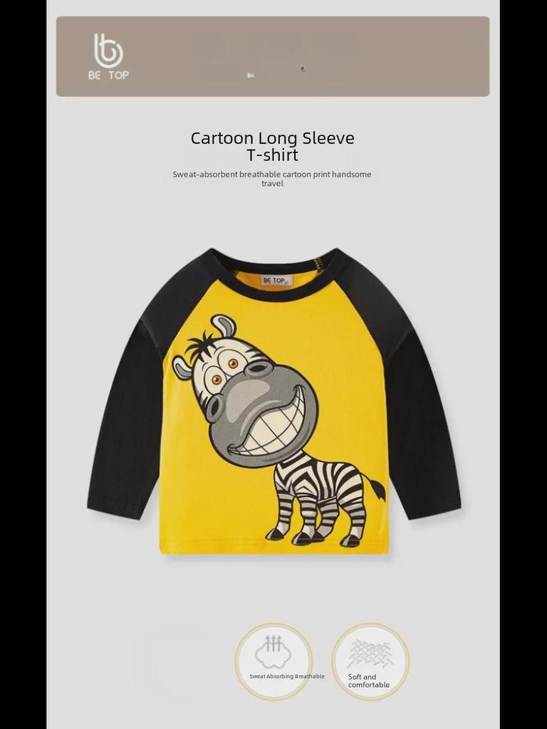 2023 Boys' Long-Sleeve Cartoon Print Knitted Cotton T-Shirt Sweater