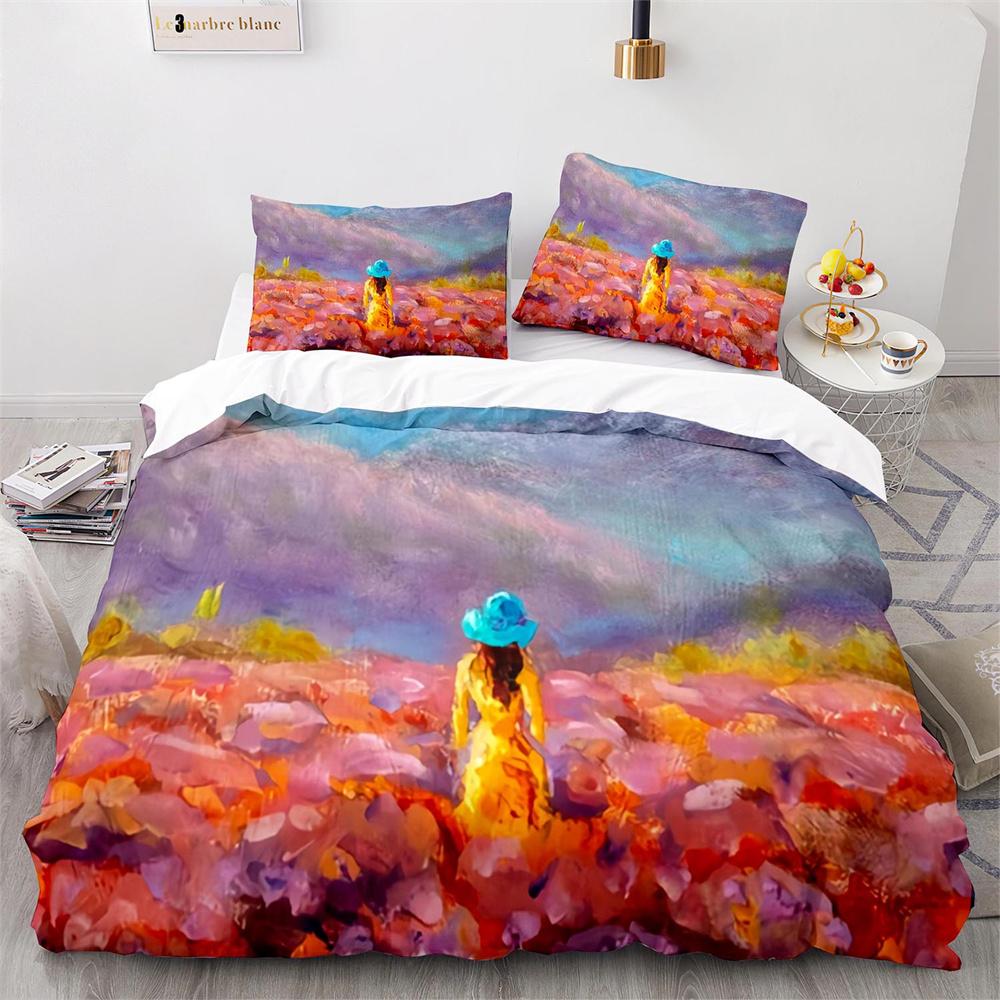 Set Husă Plapumă Pictură în Ulei Pictură Colorată cu Flori Nor pentru Copii Băieți Adolescenți Set de Lenjerie de Pat Decorativ din Poliester cu Față de Pernă