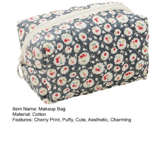 Cute Cherry Makeup Pouch Small Quilted Cosmetic Organizer Aesthetic Puffy Travel Toiletry Bag Cotton Pencil Purse with Zipper for Women Girls