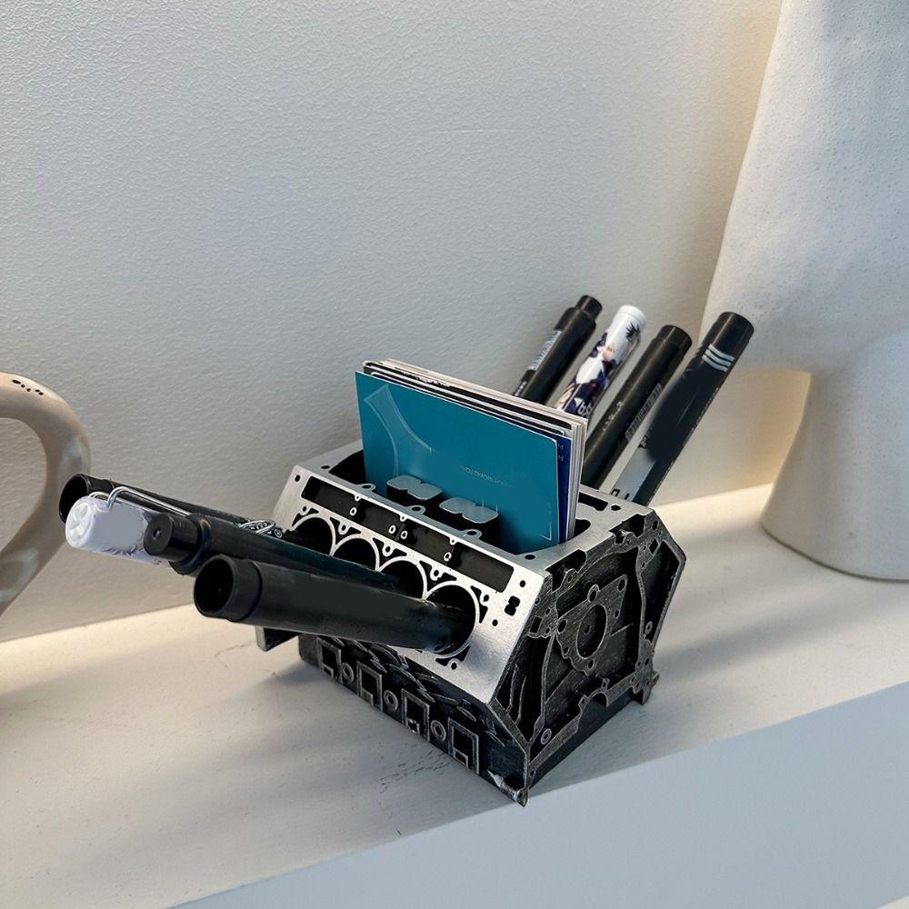Unique Resin Engine Shape Business Card Holder Large Capacity Black Business Card Bracket Decorative Pen Holder Front Desk