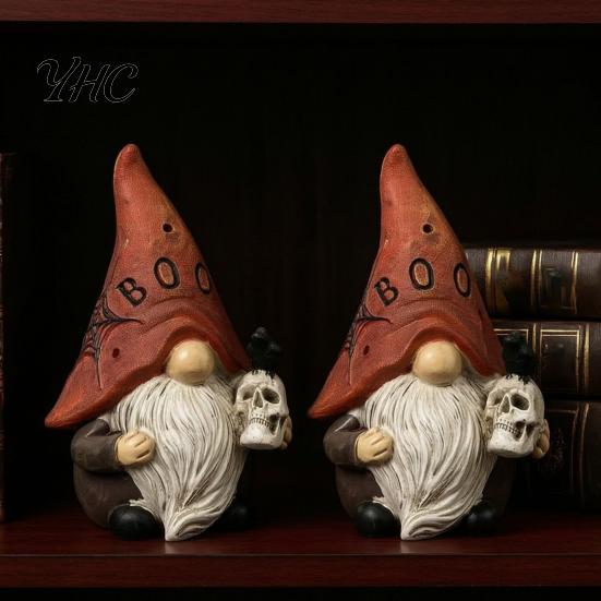 Skeleton Crow Figurine Set Halloween Gnome Statue, EEK BOO Resin Elf Dwarf with Pumpkin Cute Desk Accessories Skull, Spooky Tabletop Ornament