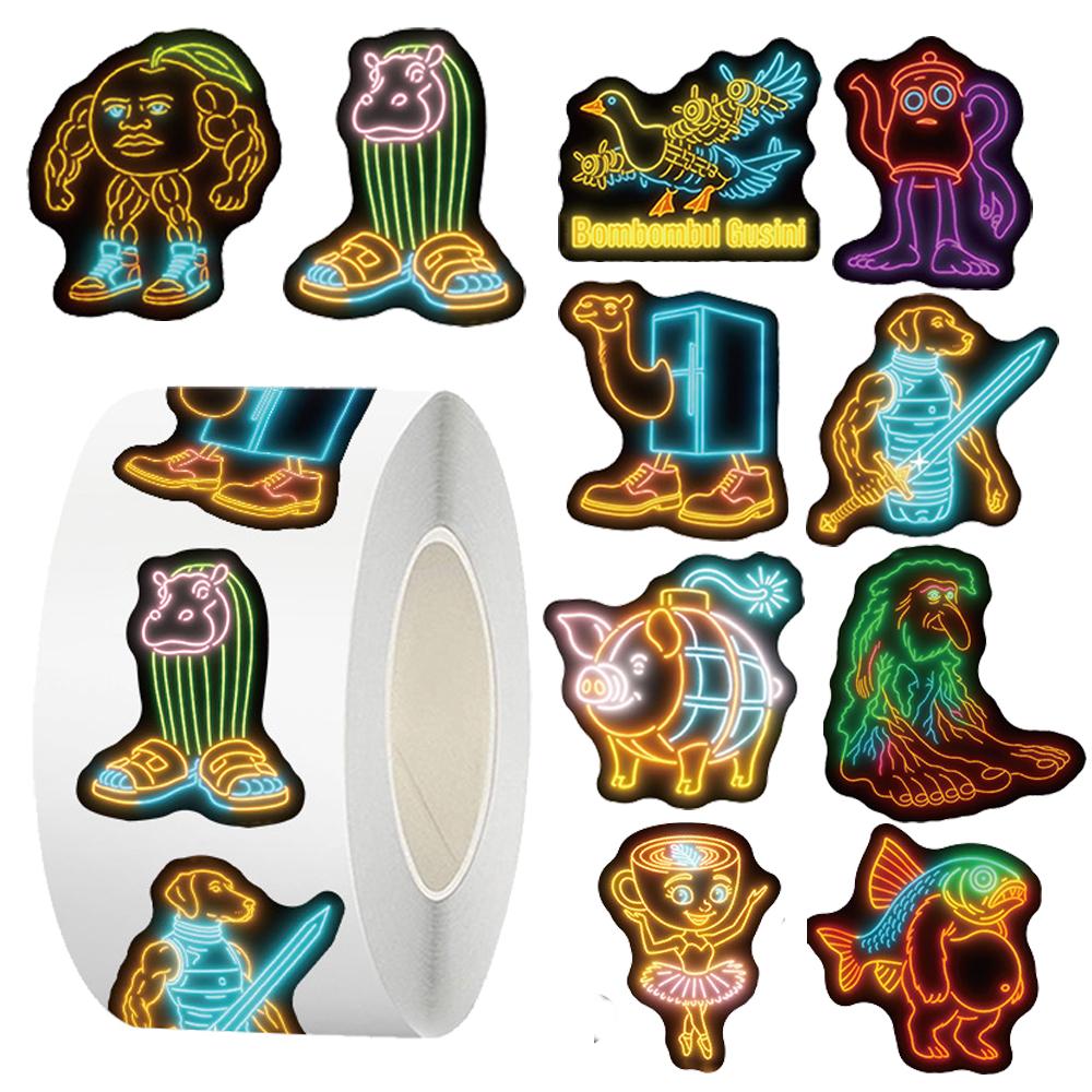 500 Stück/Rolle Neon Tung Tung Sahur Aufkleber Italienische Gehirnfäule Decals DIY Tagebuch Schreibwaren Kühlschrank Belohnung Abstraktes Siegel Etikett Aufkleber
