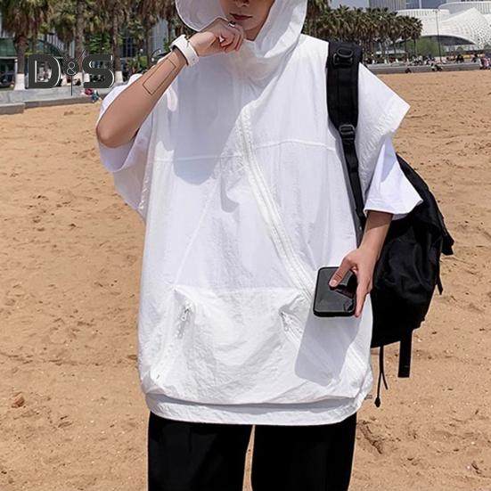 

Мужские летние топы с капюшоном, диагональная молния, солнцезащитный жилет с большим нагрудным карманом, без рукавов, свободный крой, однотонный жилет в стиле хип-хоп L чёрный